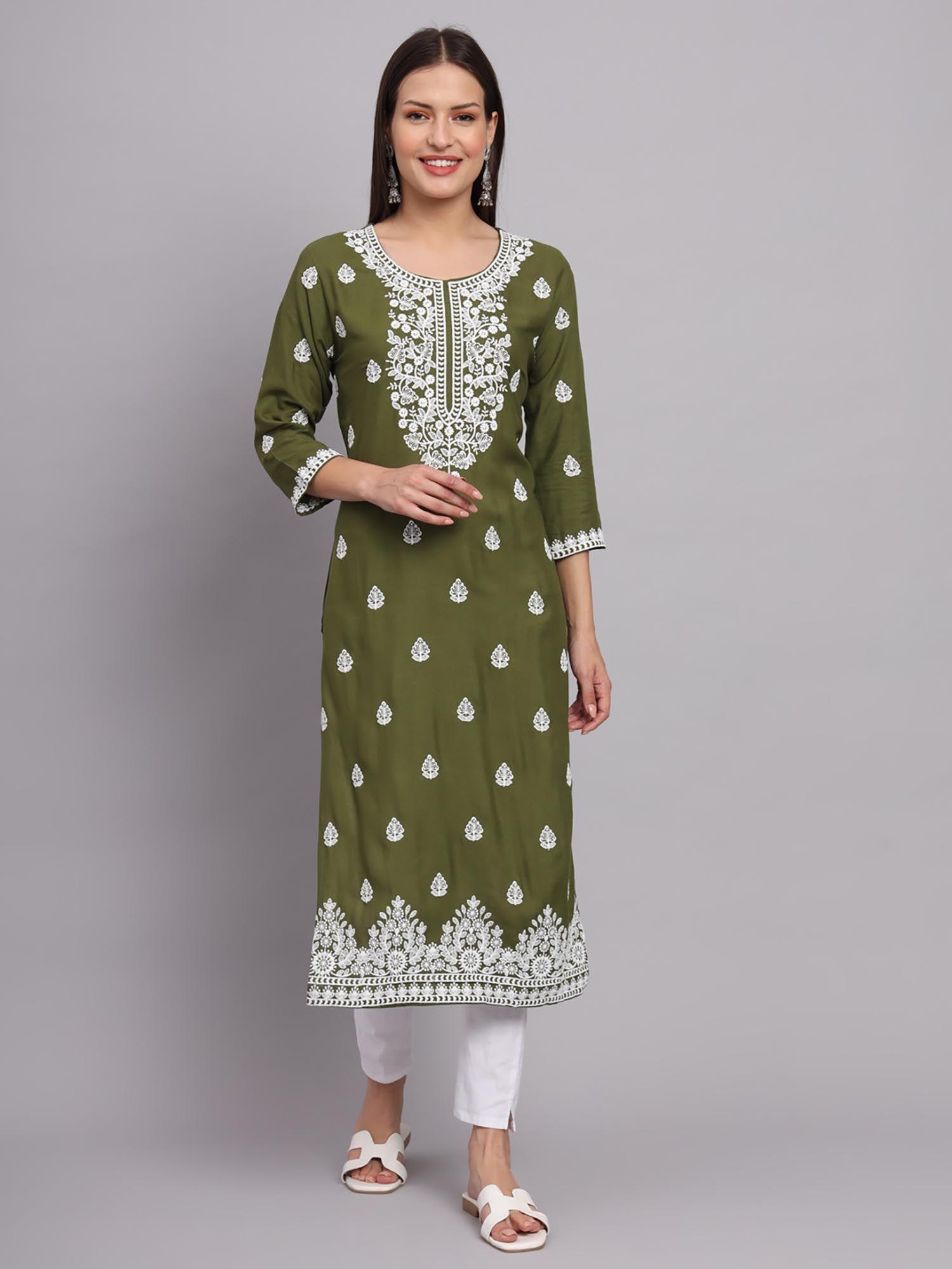 green rayon lucknowi chikankari work straight kurta