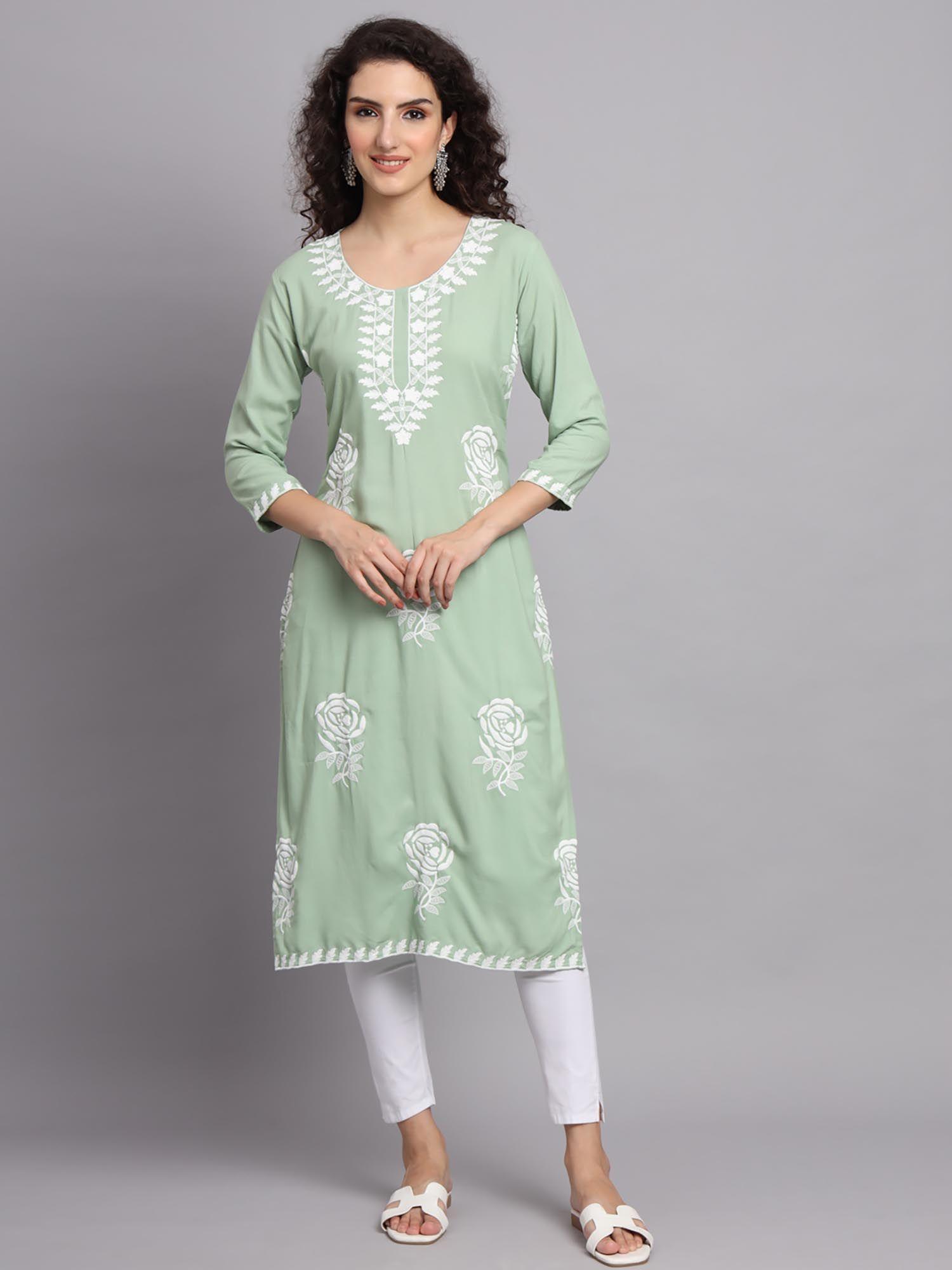 green rayon lucknowi chikankari work straight kurta