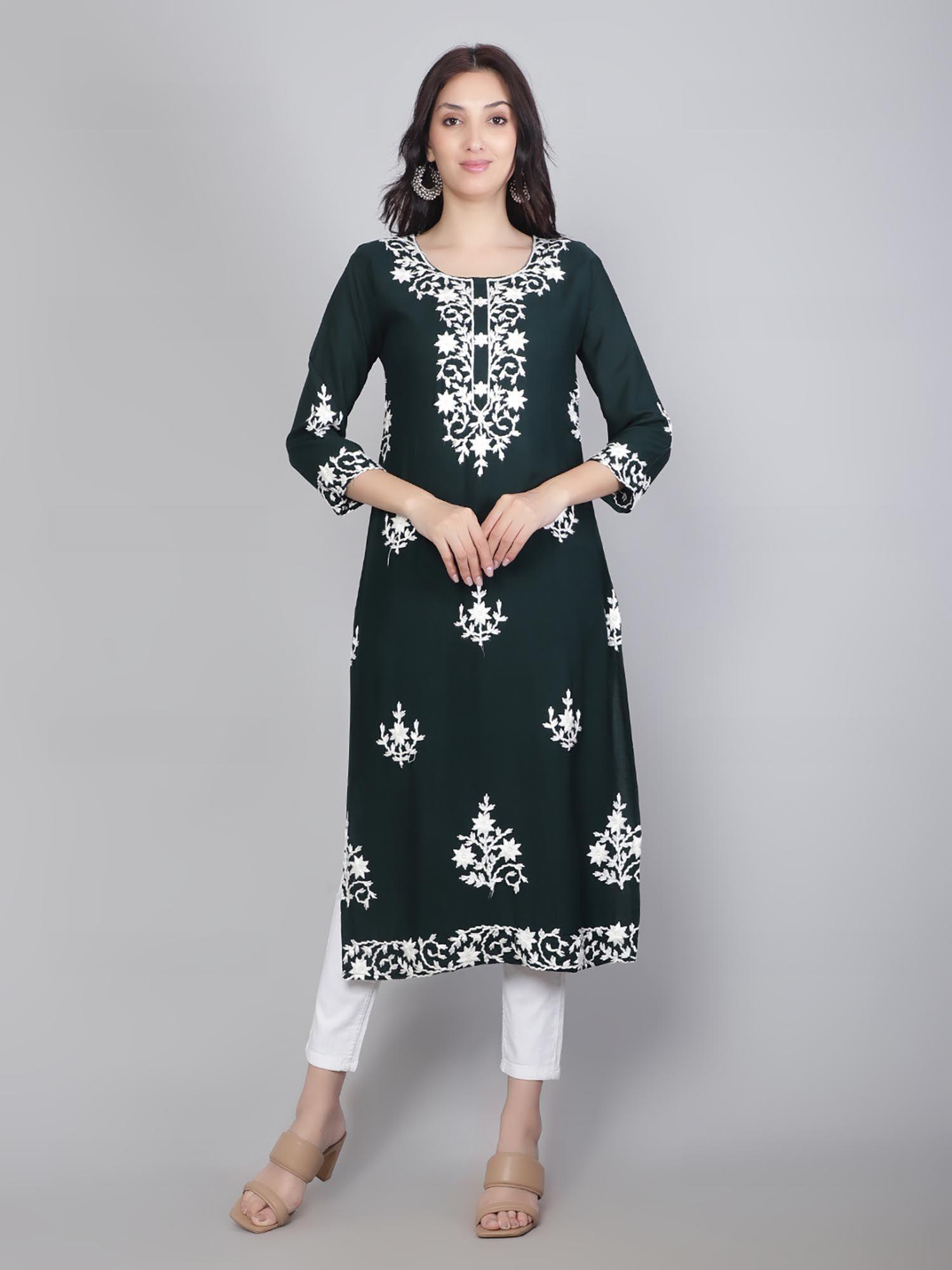 green rayon lucknowi chikankari work straight kurta