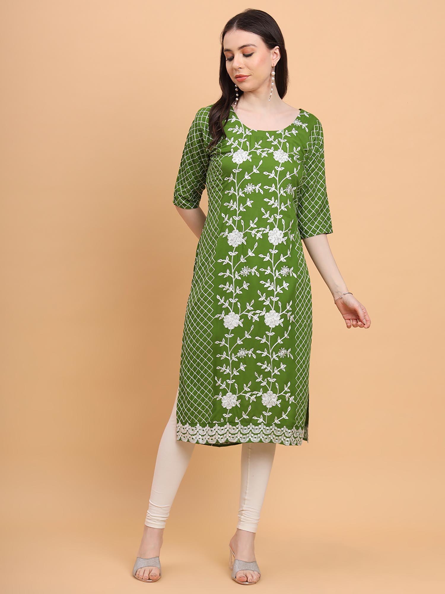 green rayon lucknowi chikankari work straight kurta