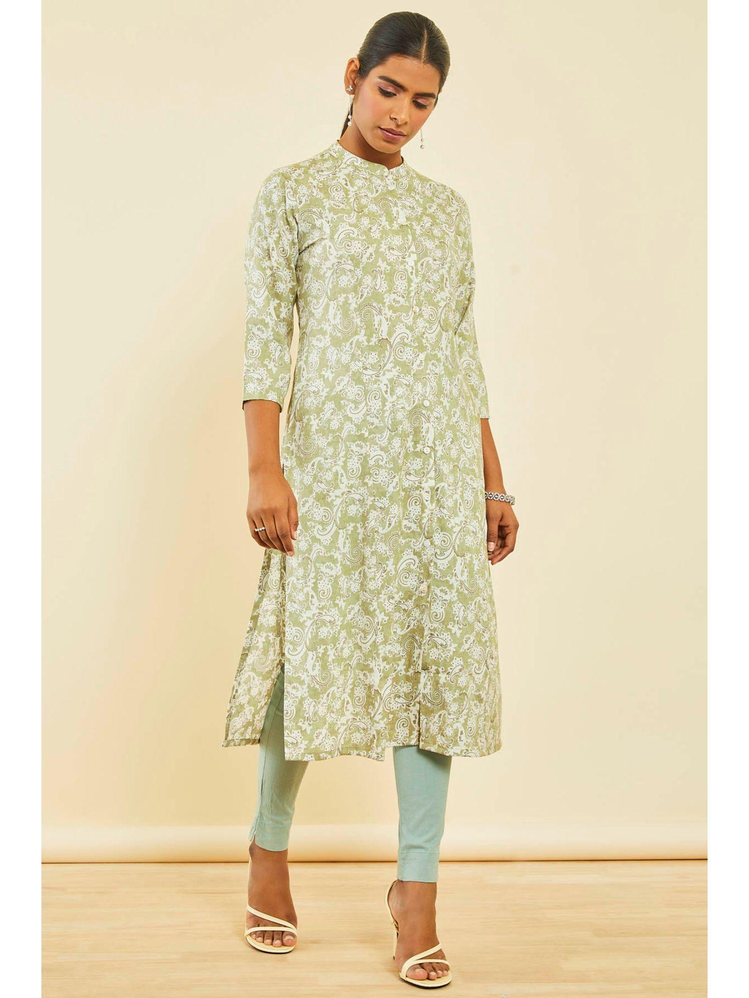 green rayon paisley print kurta