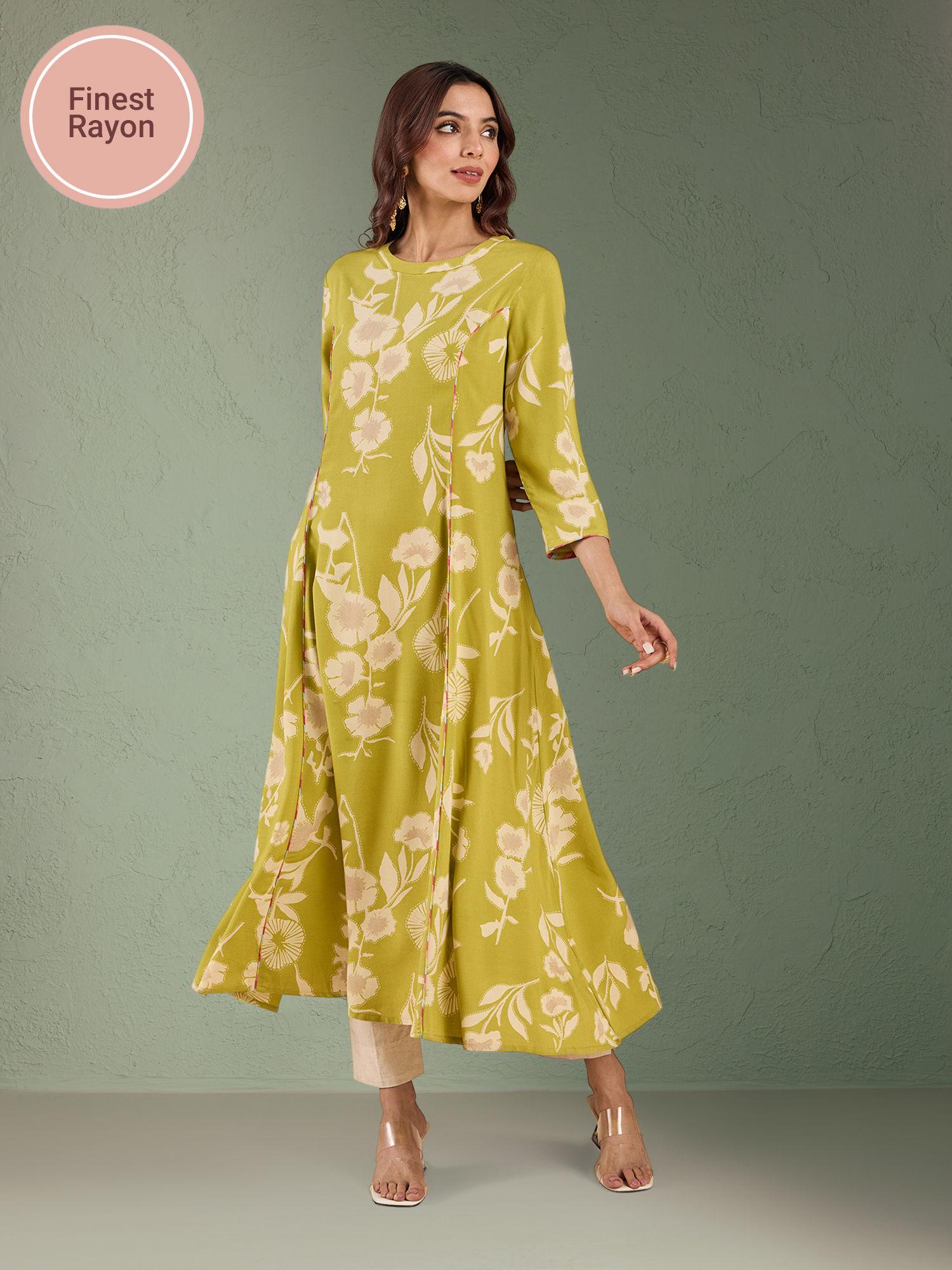 green rayon printed a line kurta with cut & sew & piping detailing on pricess panel likcfku02