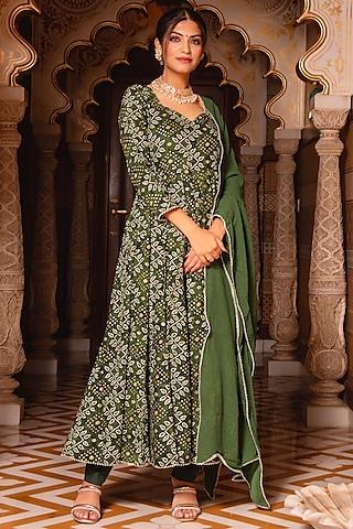 green rayon printed anarkali set