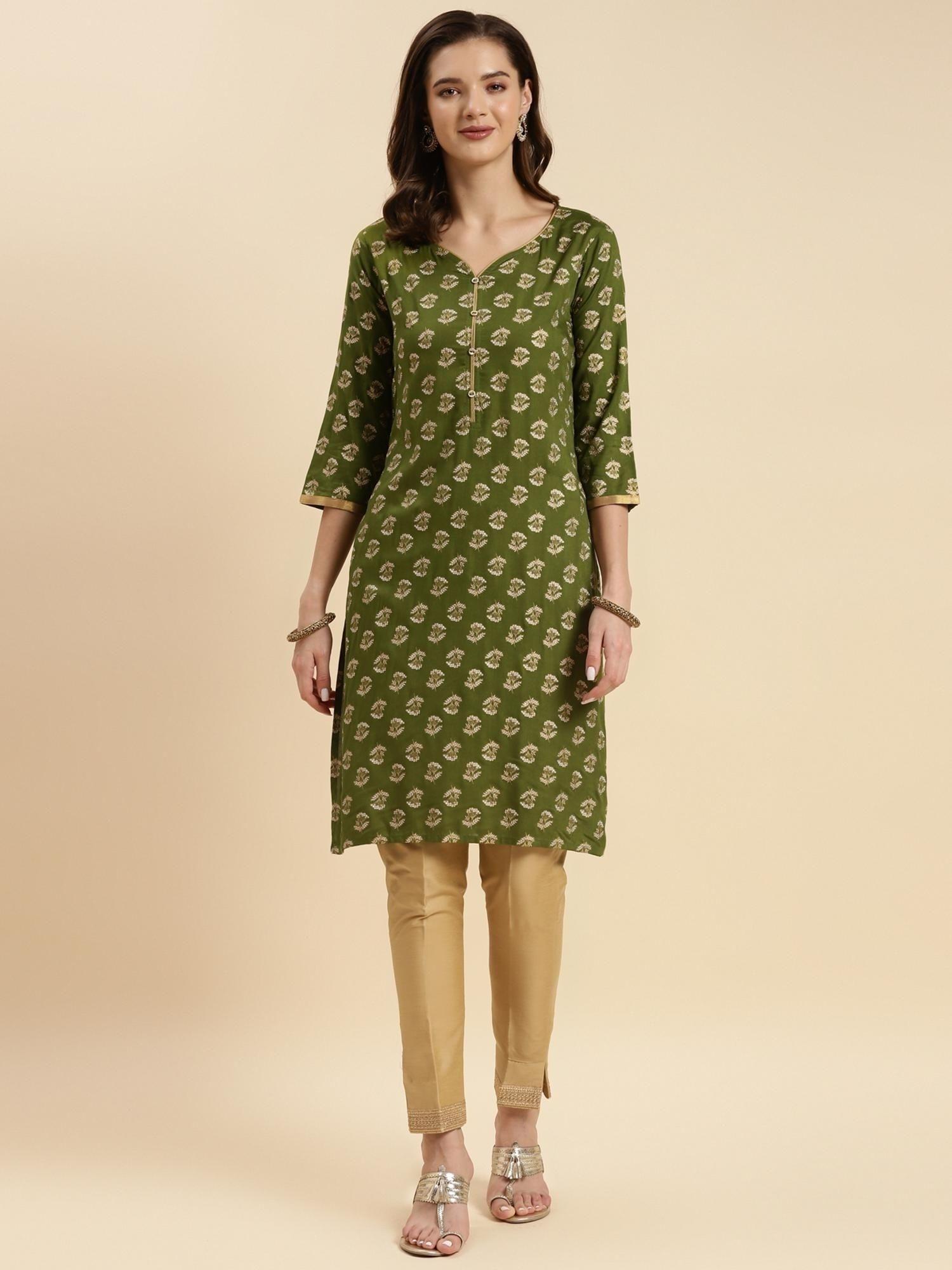 green rayon printed knee length straight kurta