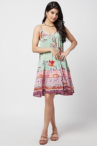 green rayon printed mini dress