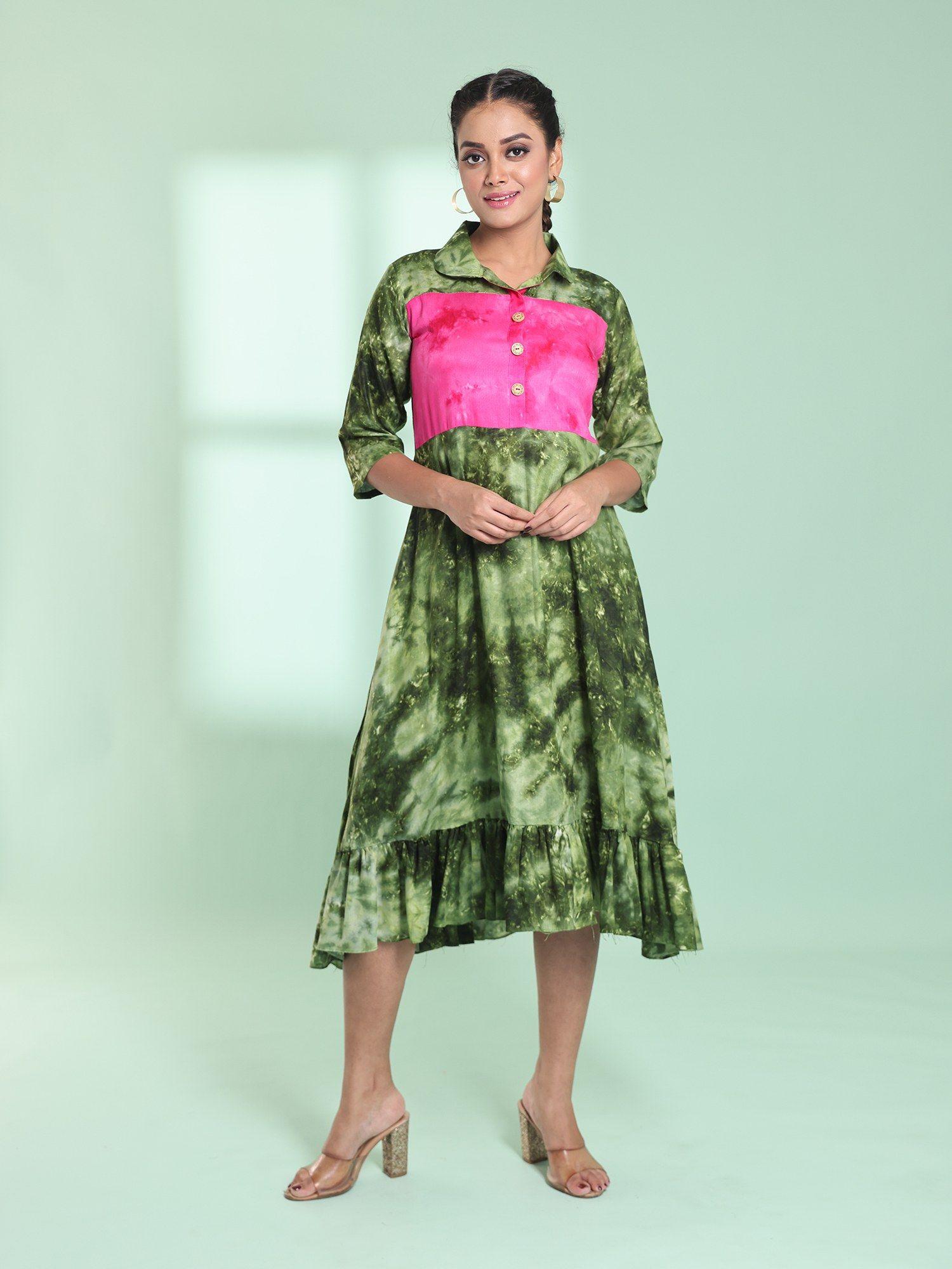 green rayon printed stitched ethnic dress