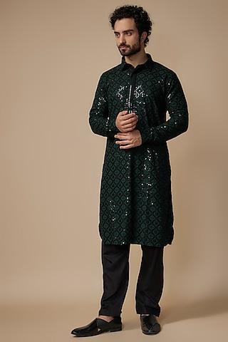 green rayon sequins embroidered pathani kurta set