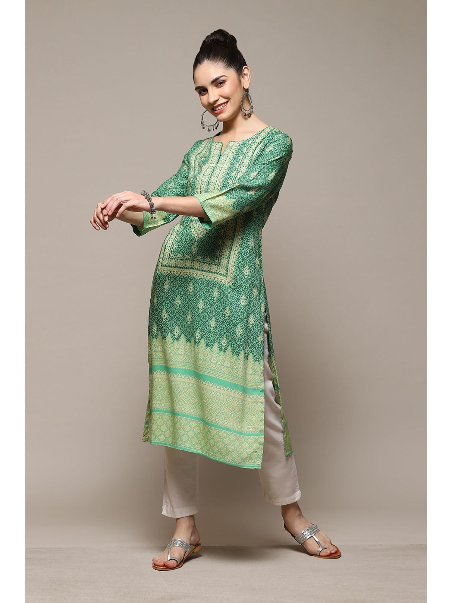 green rayon straight printed kurta