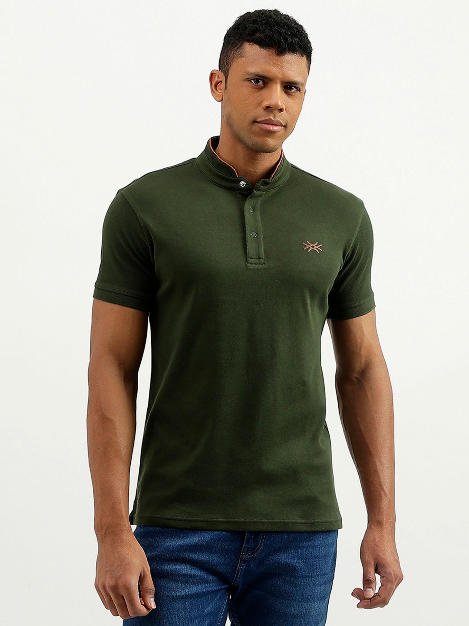 green regular fit mandarin neck solid t-shirt