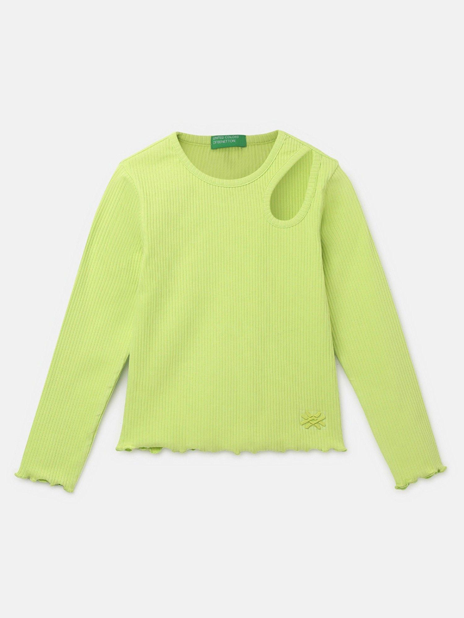 green regular fit round neck ribbed girls top