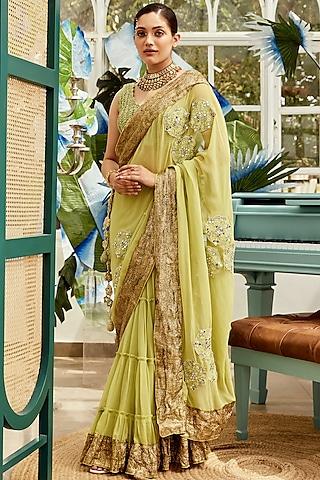 green resham embroidered saree set