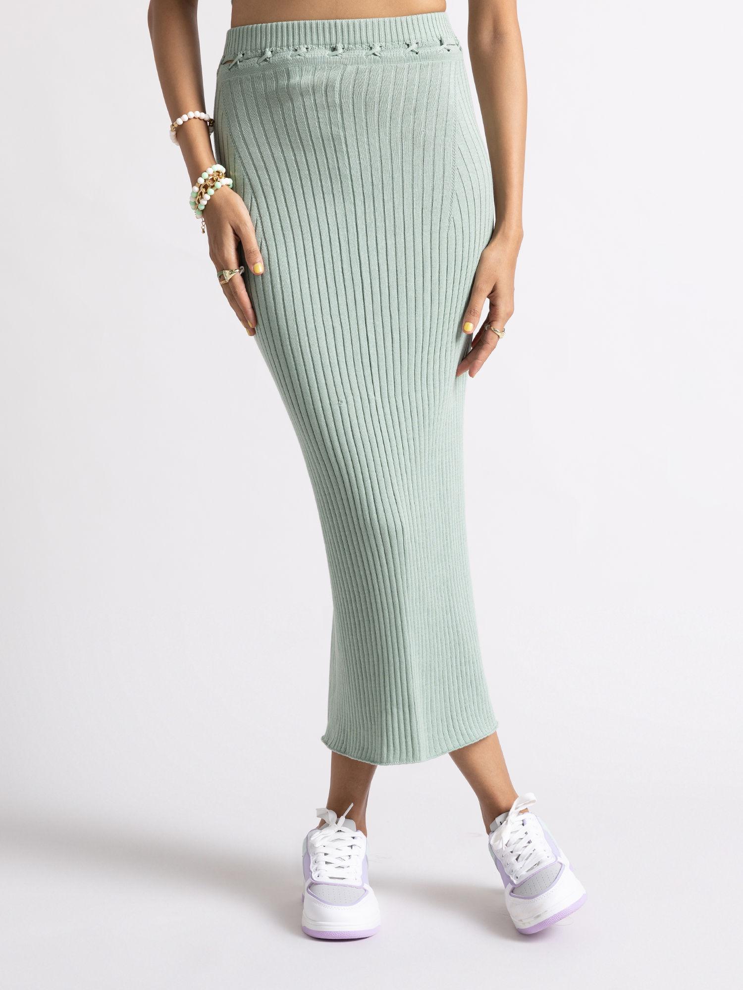 green ribbed high waist slit bodycon midi skirt