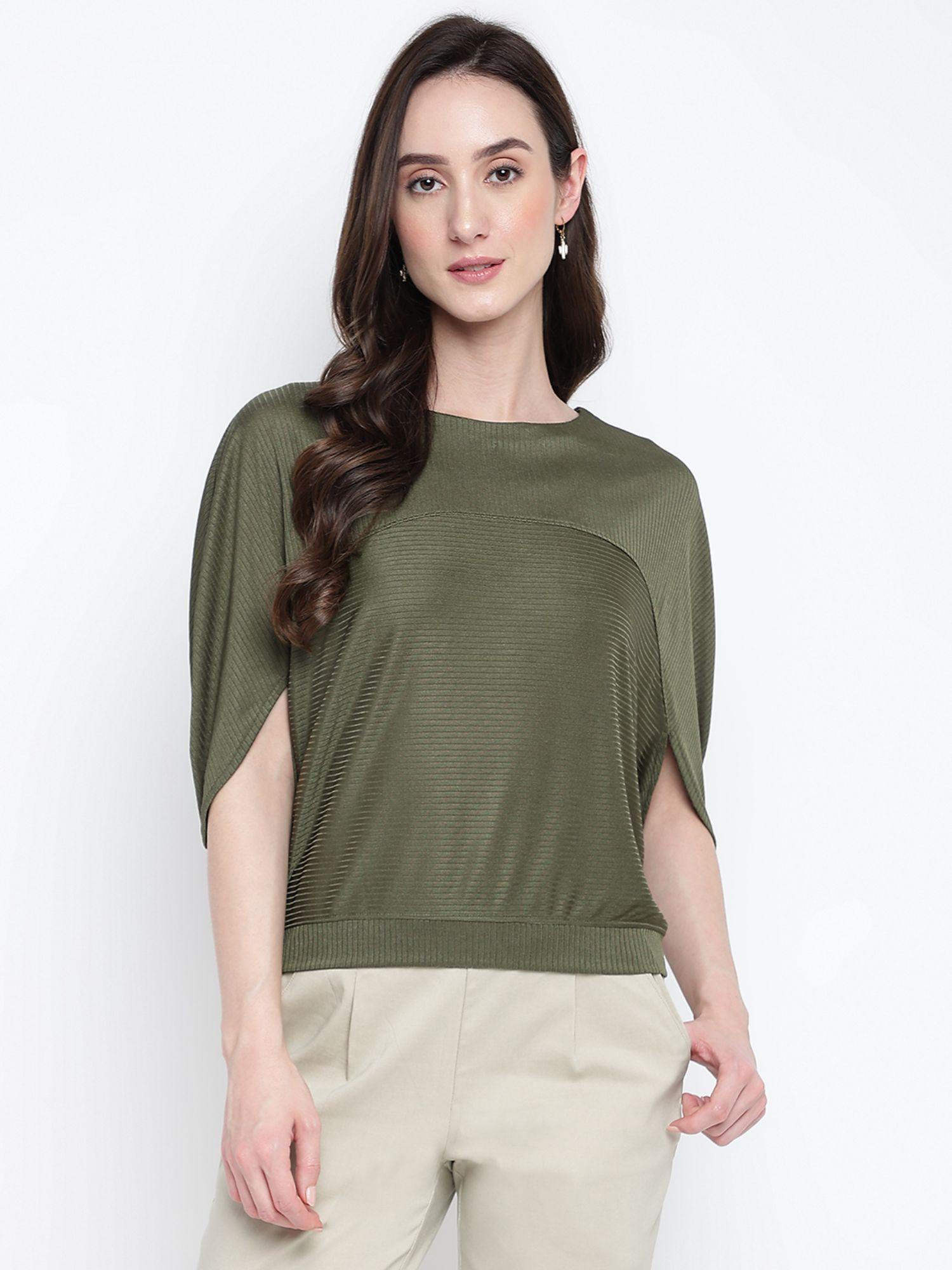 green ribbed polyester top