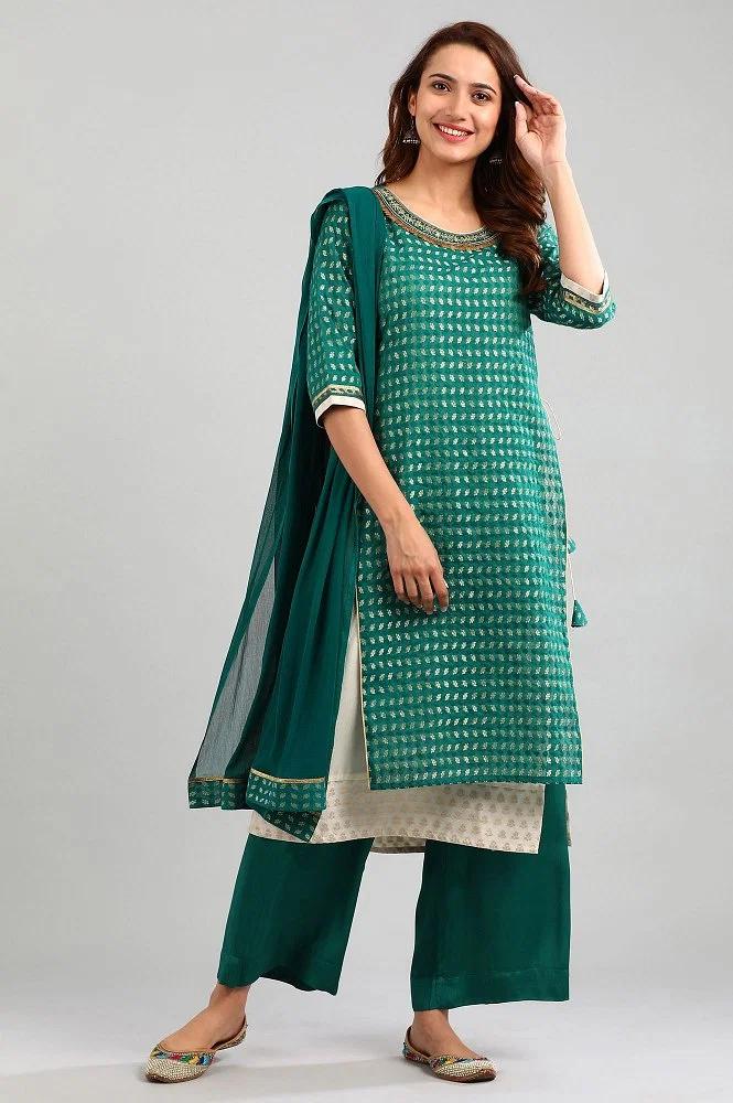 green round neck embellished kurta set