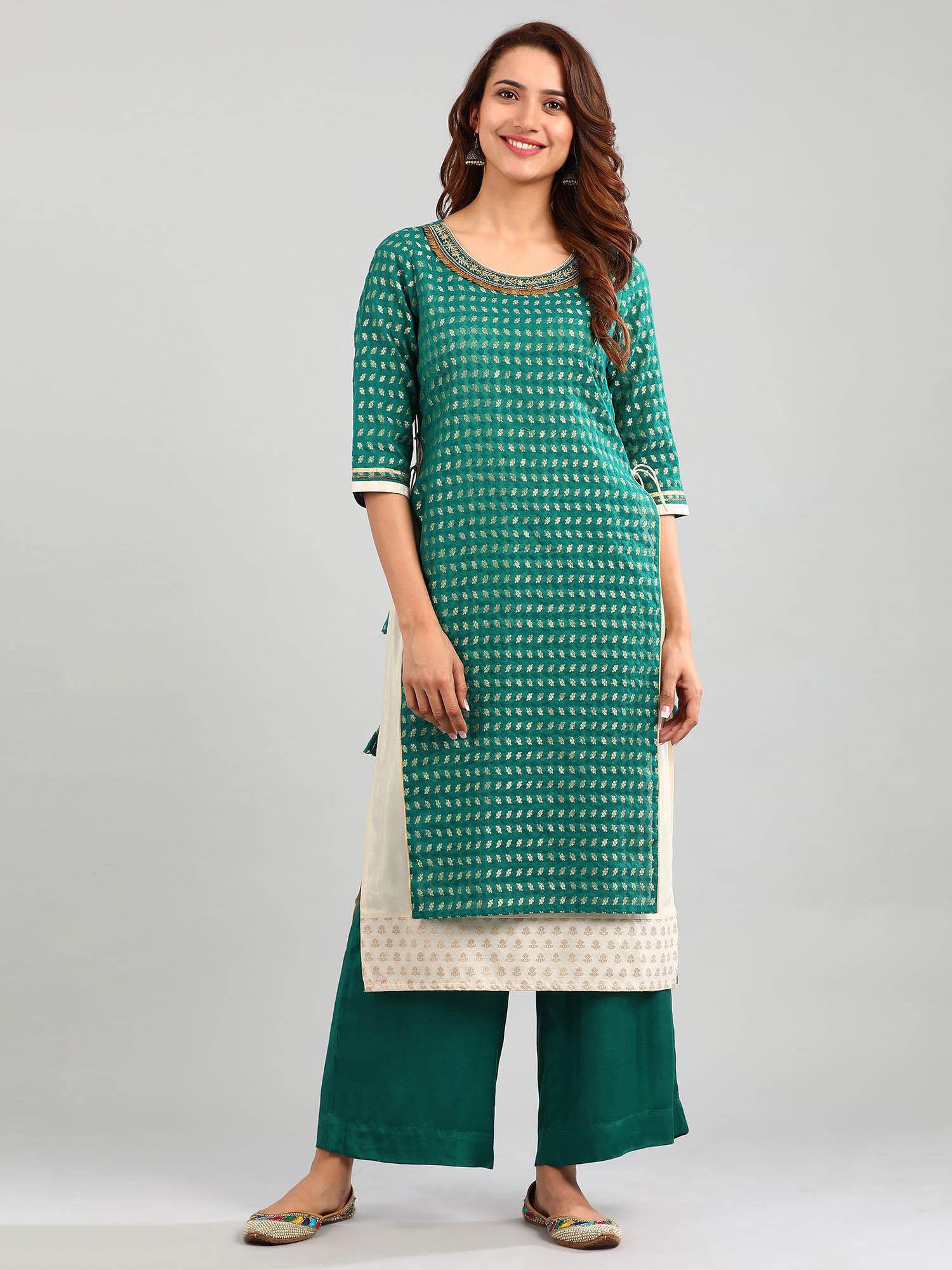 green round neck embellished kurta with palazzo and dupatta (set of 3)