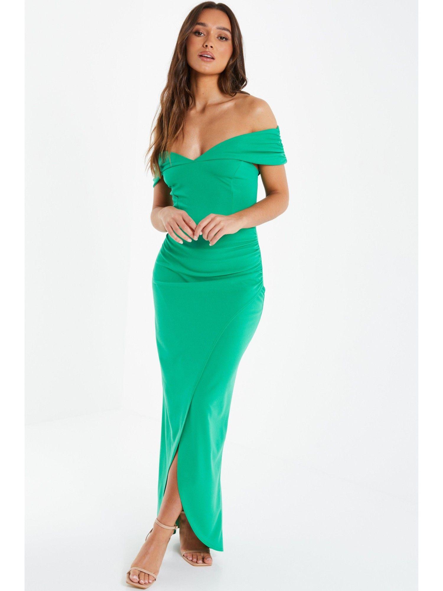 green ruched bardot maxi dress
