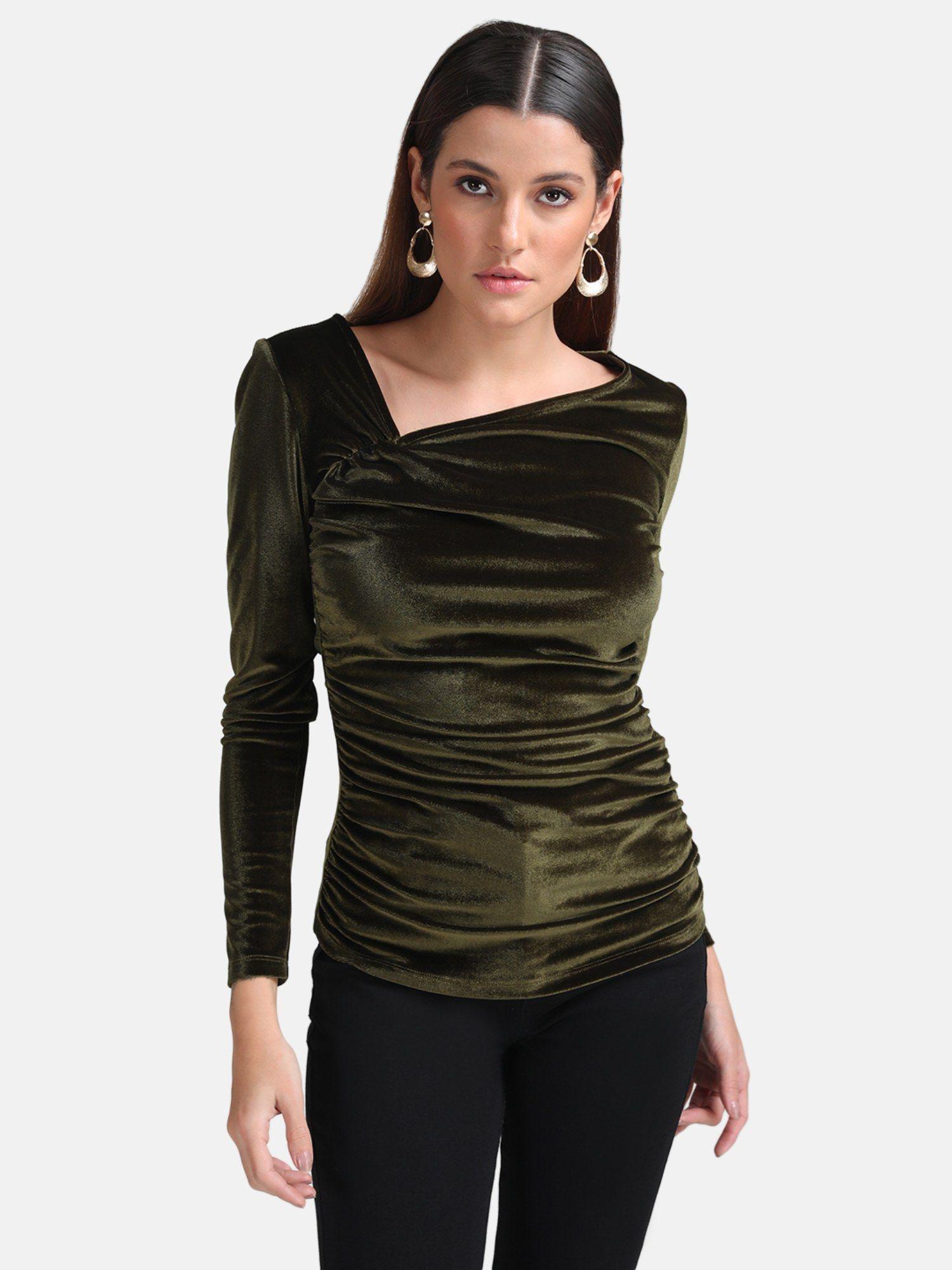 green ruched top with asymmetric neck