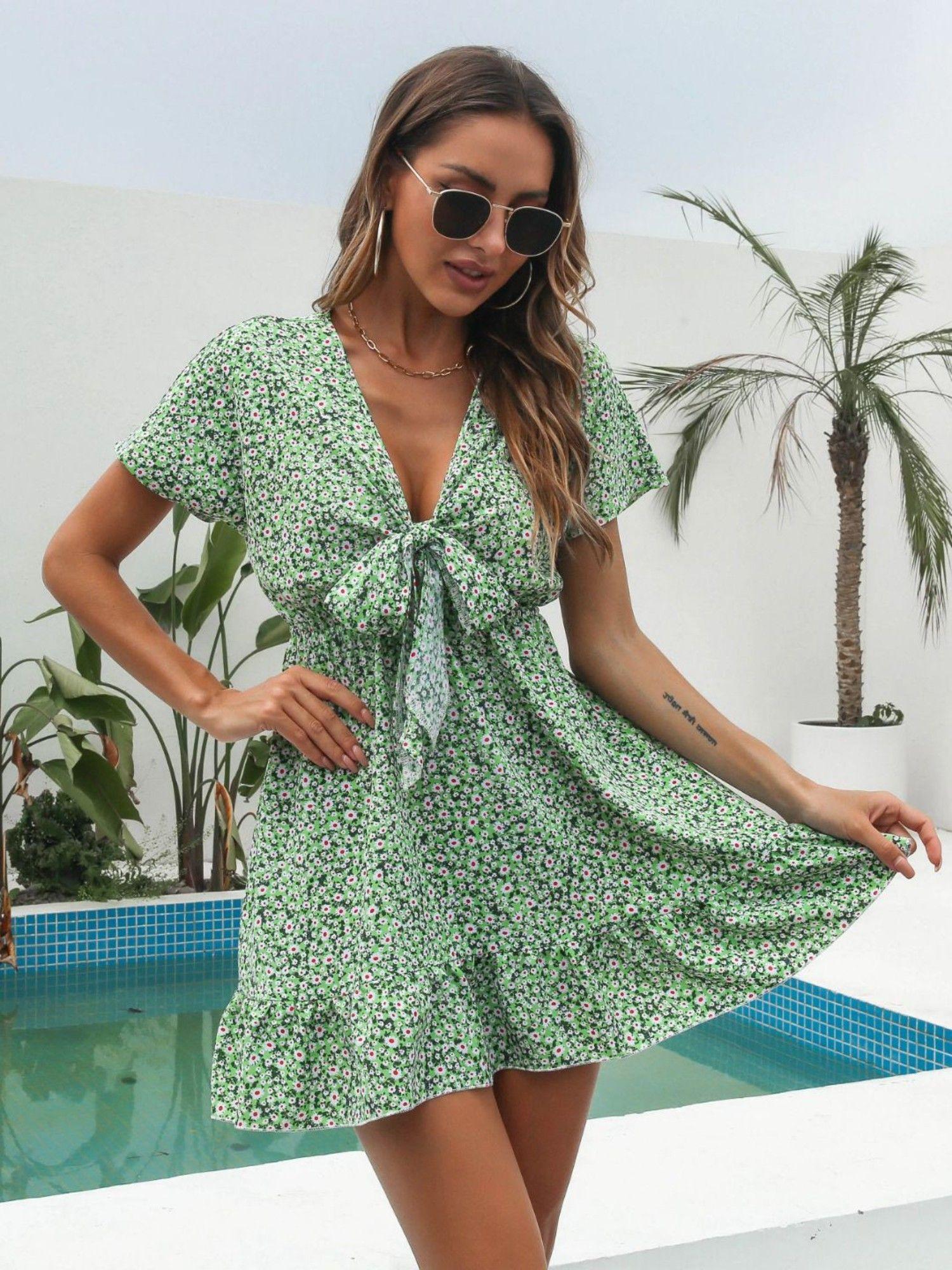 green ruffled front small floral dress