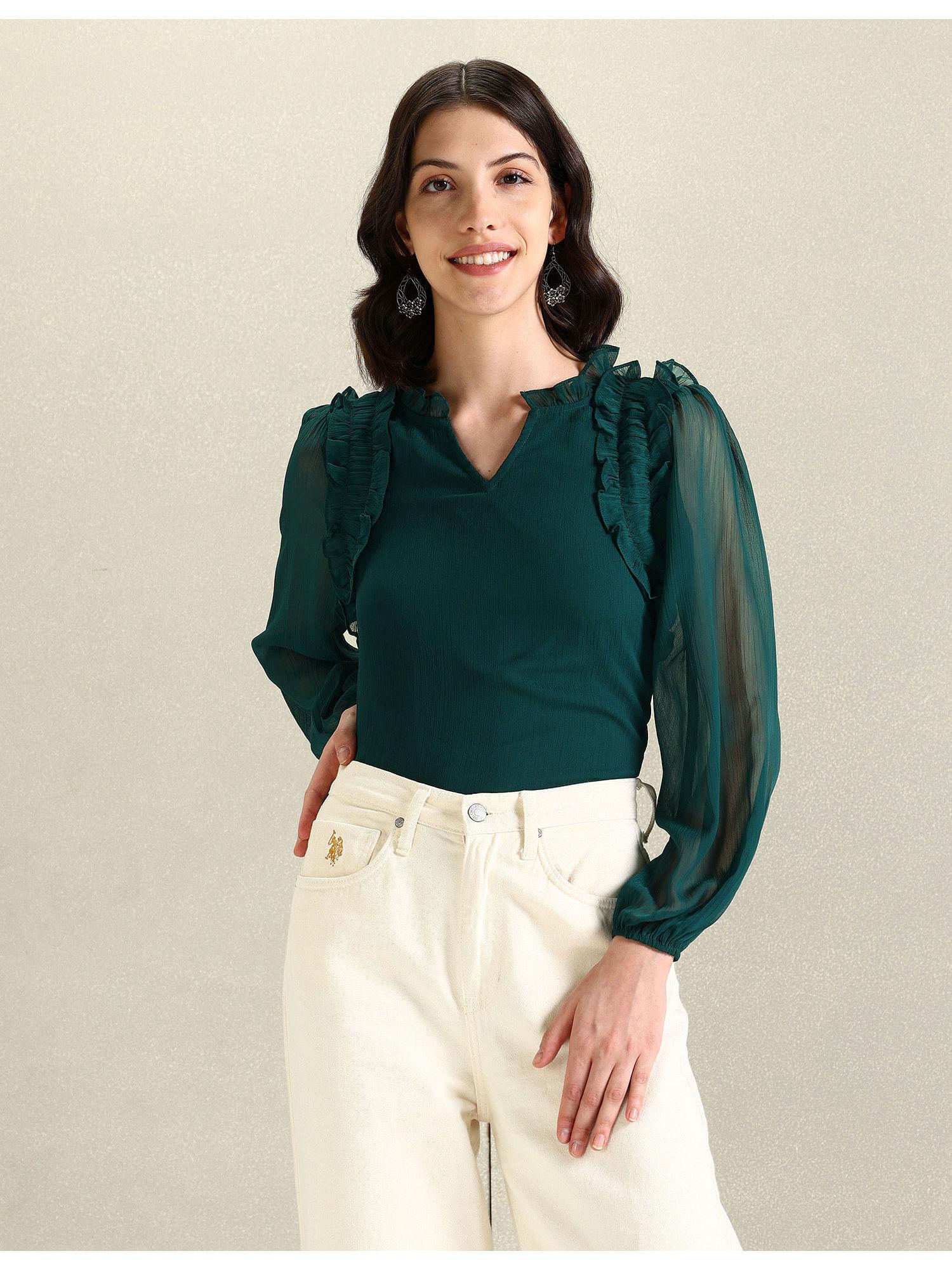 green ruffled neck top