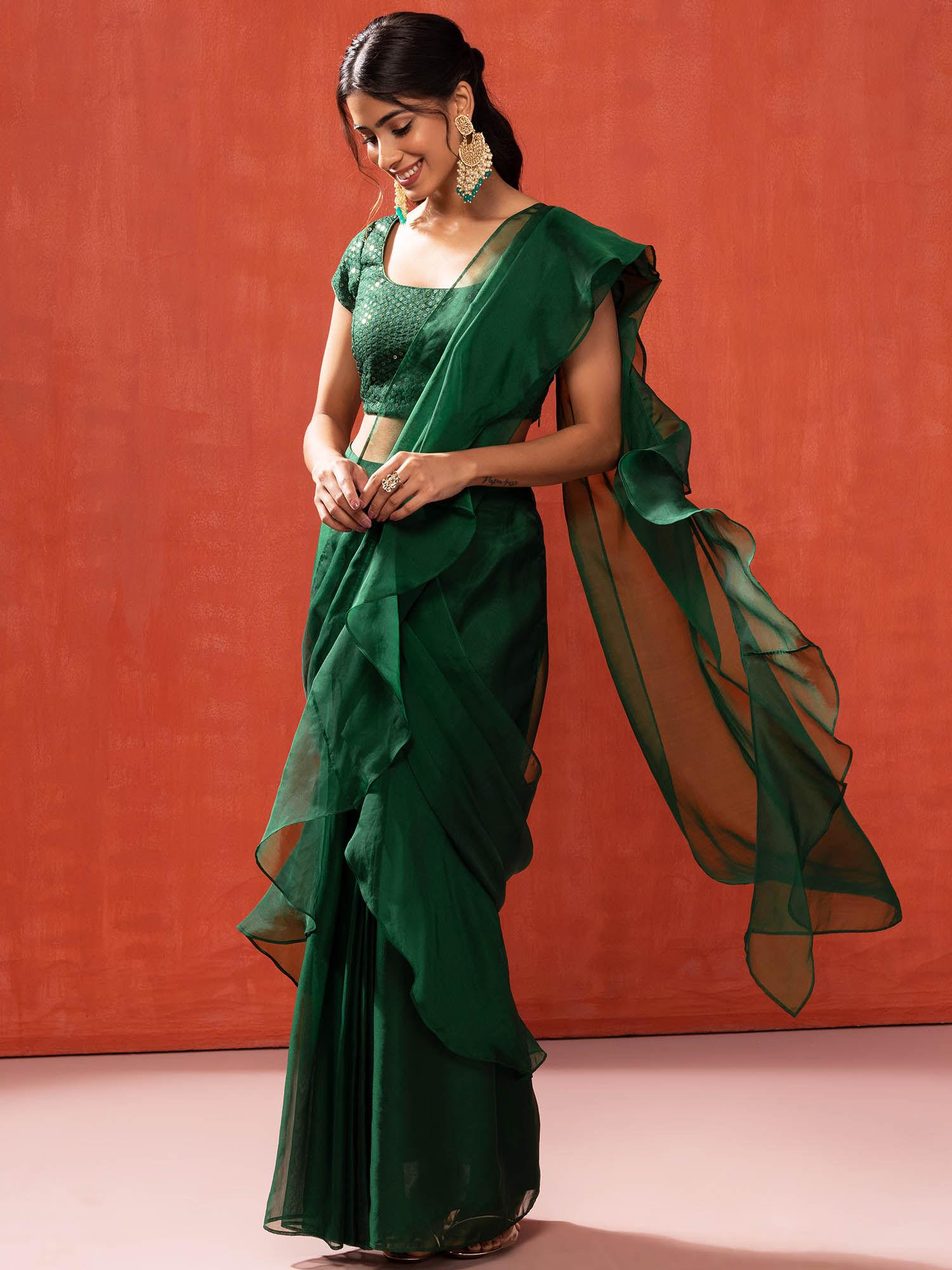 green ruffled ready to wear saree