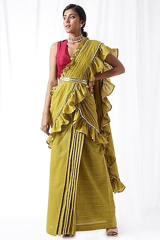 green ruffled zip-up saree set with potli bag