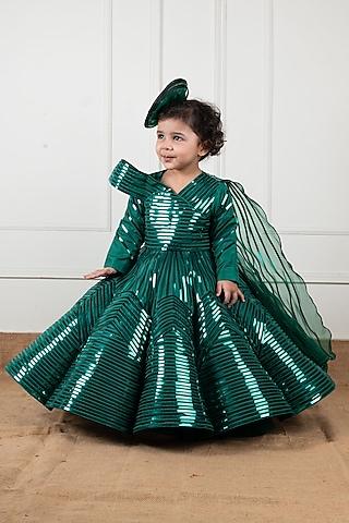 green samo silk & organza metallic lace gown for girls