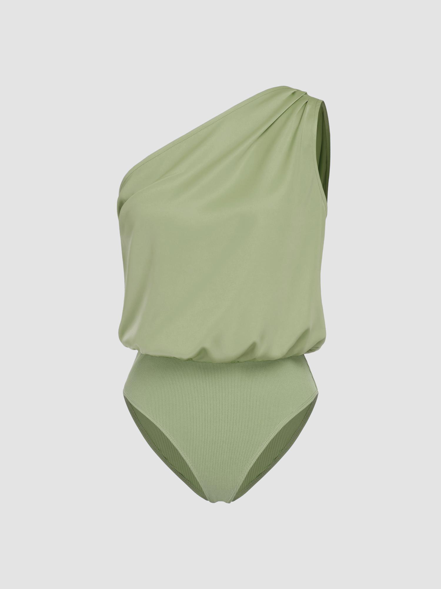 green satin asymmetrical neck solid bodysuit