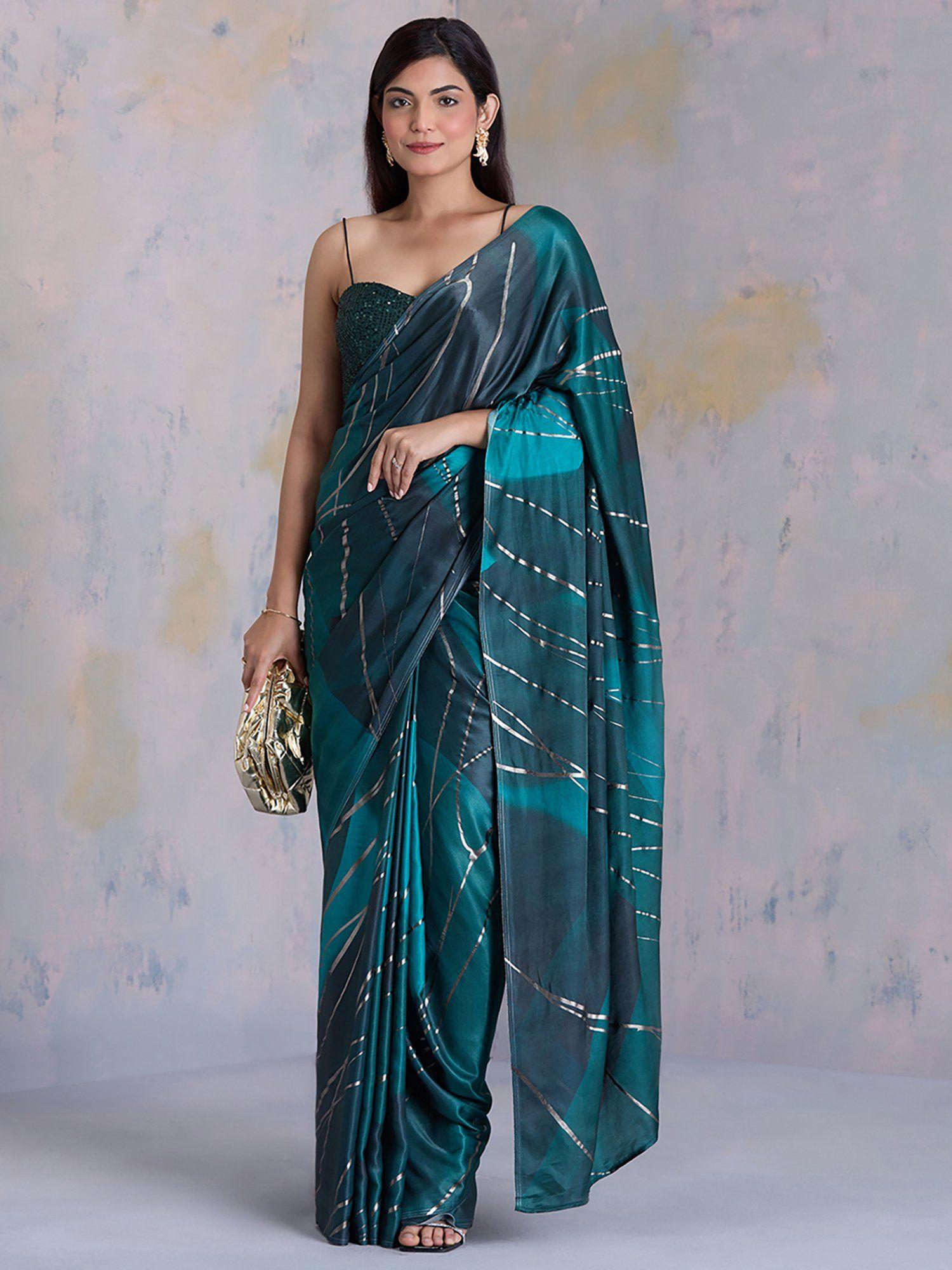 green satin foil print saree with unstitched blouse