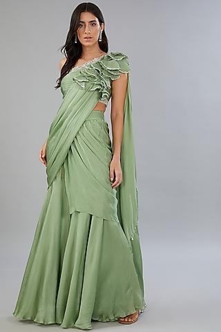 green satin georgette draped saree