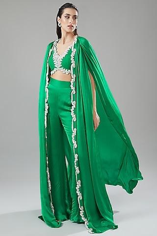 green satin georgette hand embroidered cape set