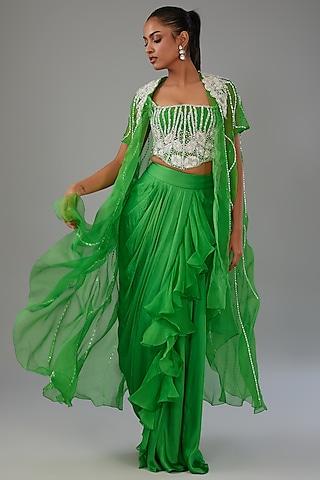 green satin georgette hand embroidered cape set