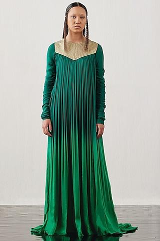 green satin ombre ruched dress