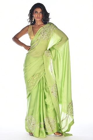 green satin organza gota patti hand embroidered saree set