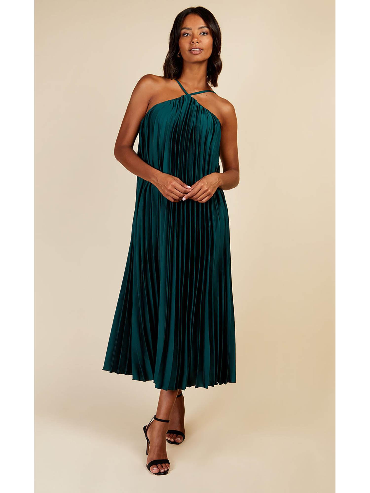 green satin pleated midaxi dress