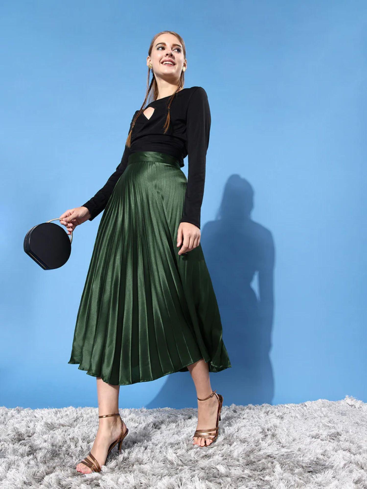 green satin pleated skirt