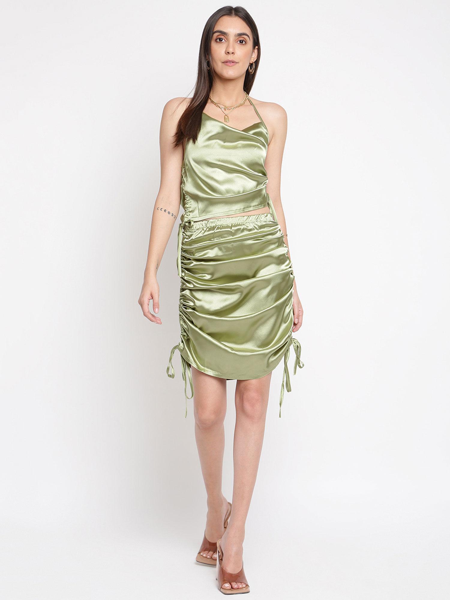 green satin ruched crop top and skirt (set of 2)