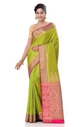 green satin silk saree with all over floral jacquard weave and stone work embellished with blouse piece - green