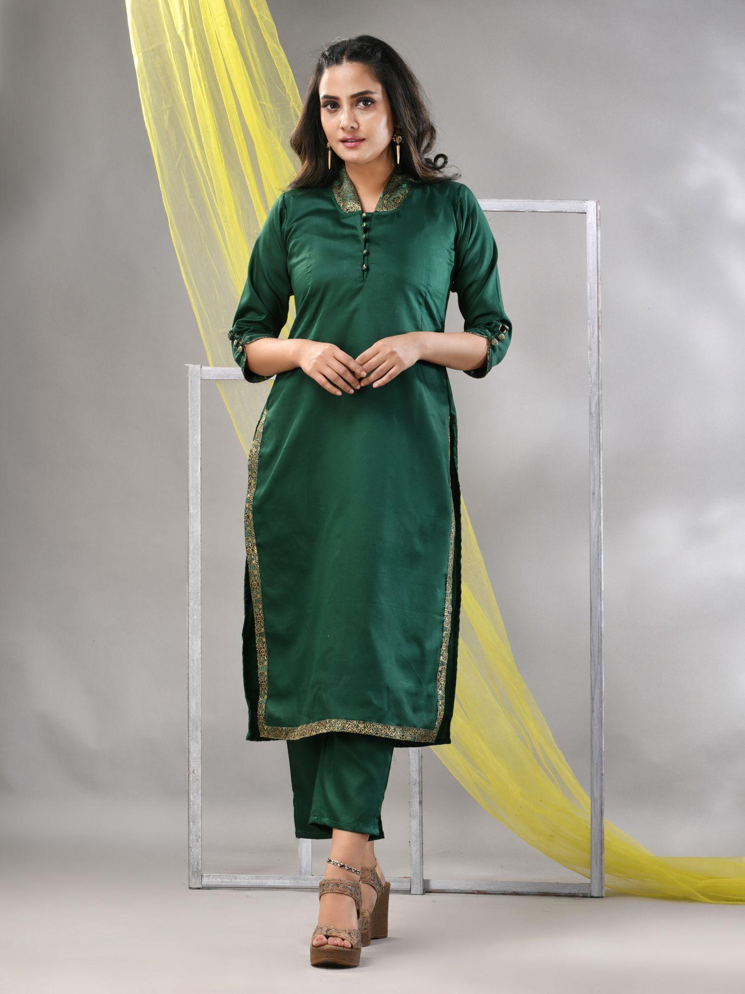 green satin solid straight kurta