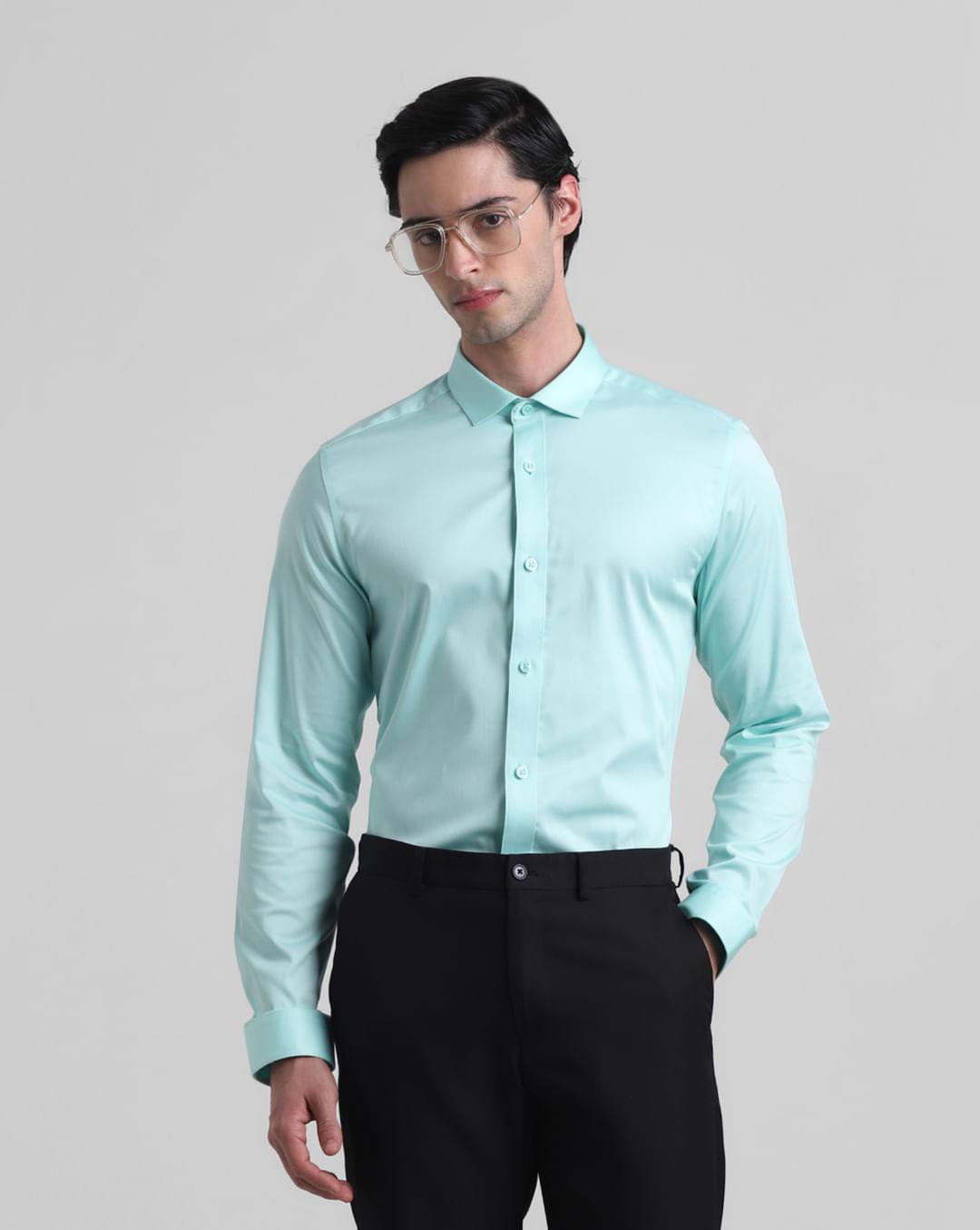 green satin weave full sleeves shirt