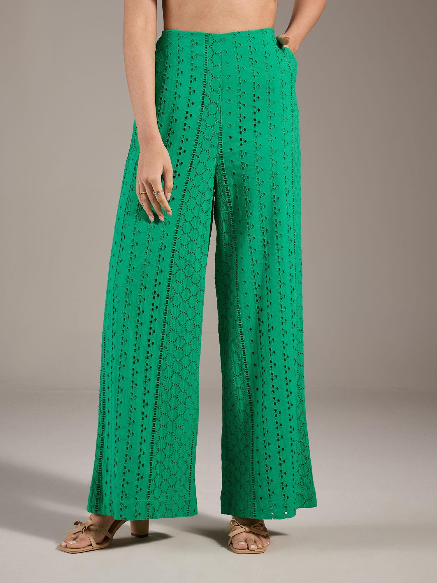 green schiffli embroidered straight fit pant