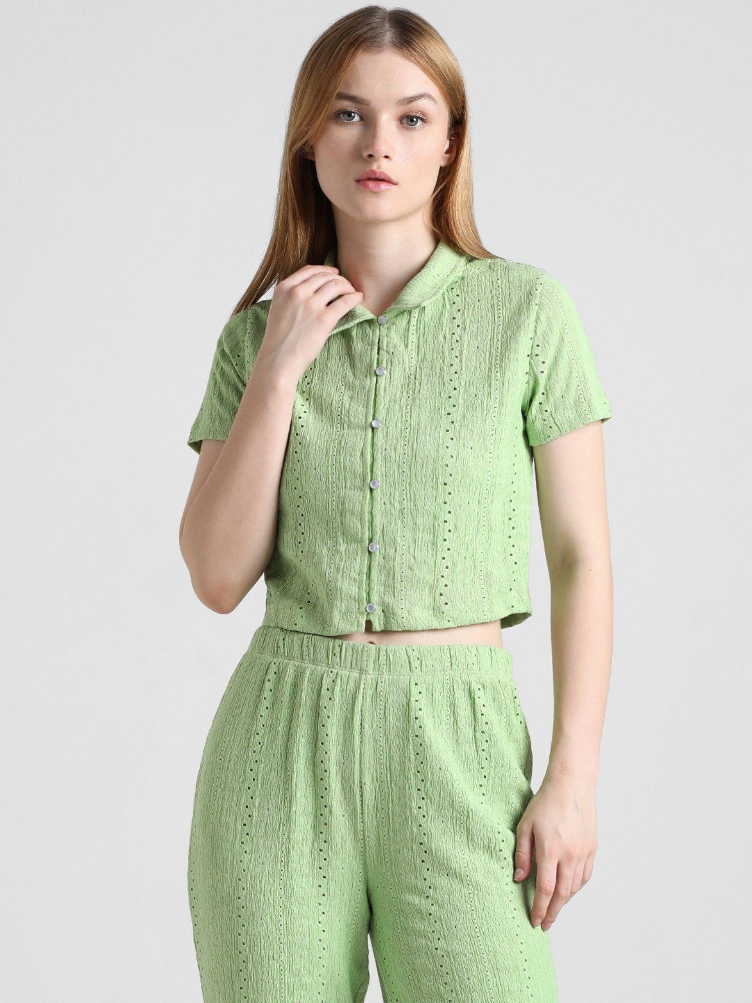 green schiffli self design cropped shirt