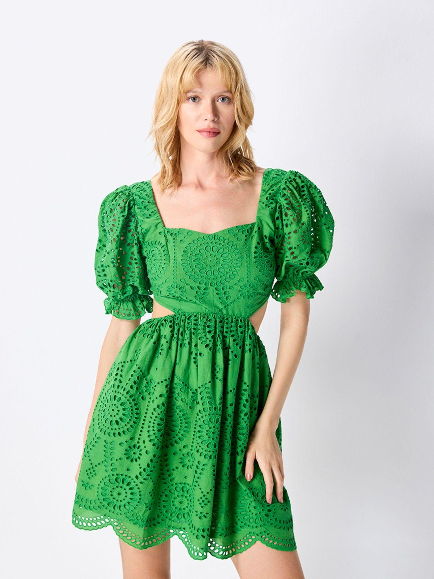 green schiffli skater mini dress