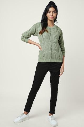 green self design casual full sleeves round neck women regular fit sweater