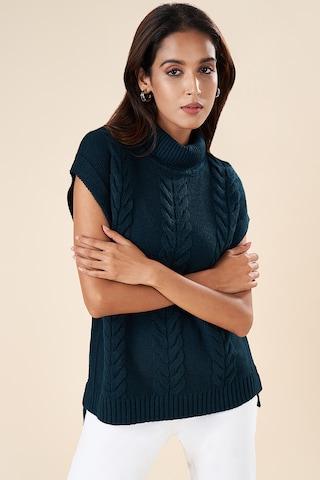 green self design winterwear sleeveless high neck women regular fit  sweater