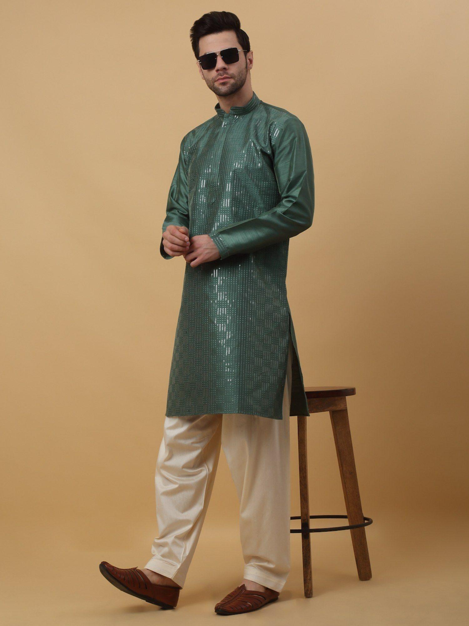 green sequenced cotton silk kurta with salwar (set of 2)