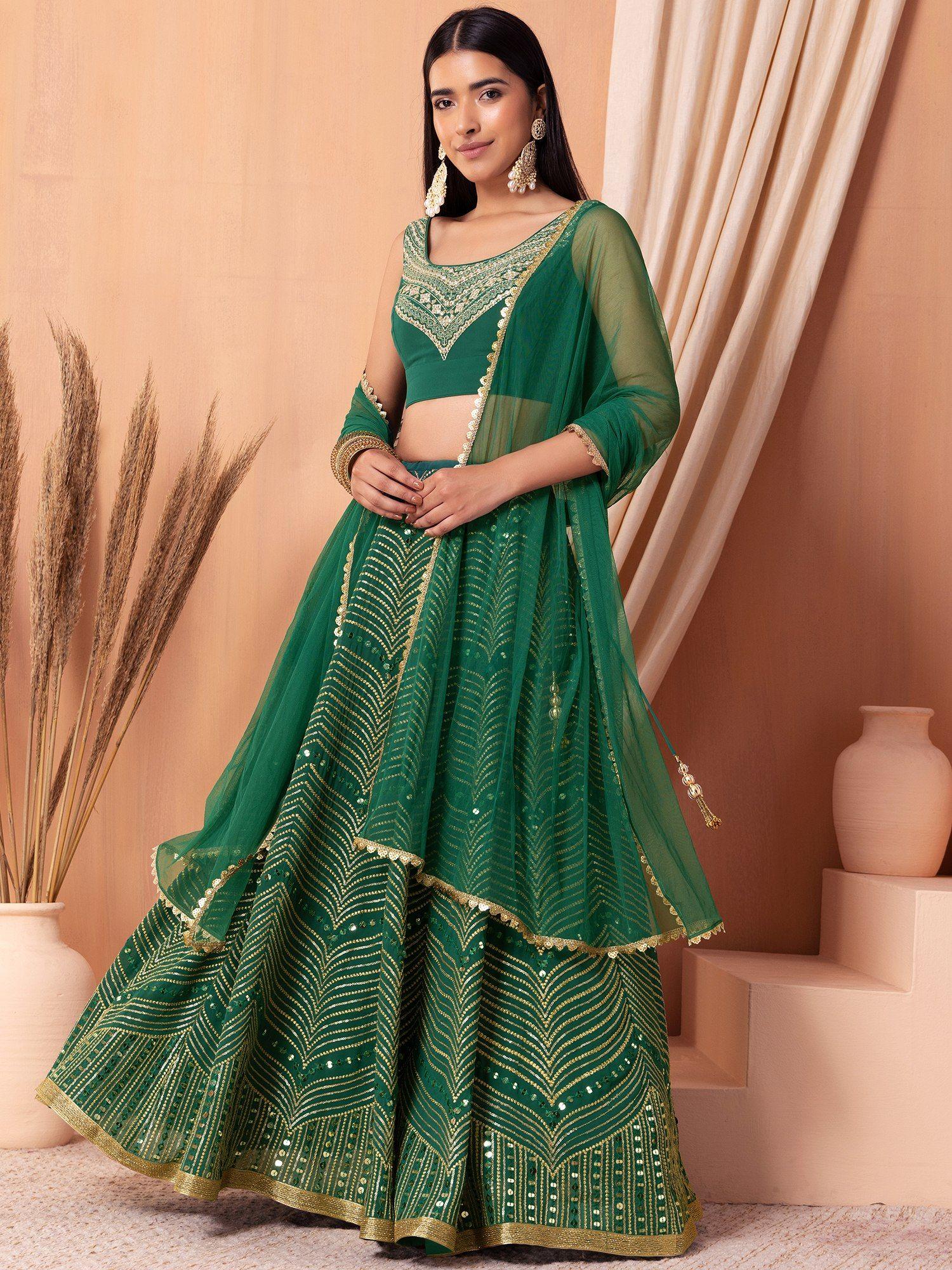 green sequin & zari embroidered lehenga with foil work blouse & dupatta (set of 3)