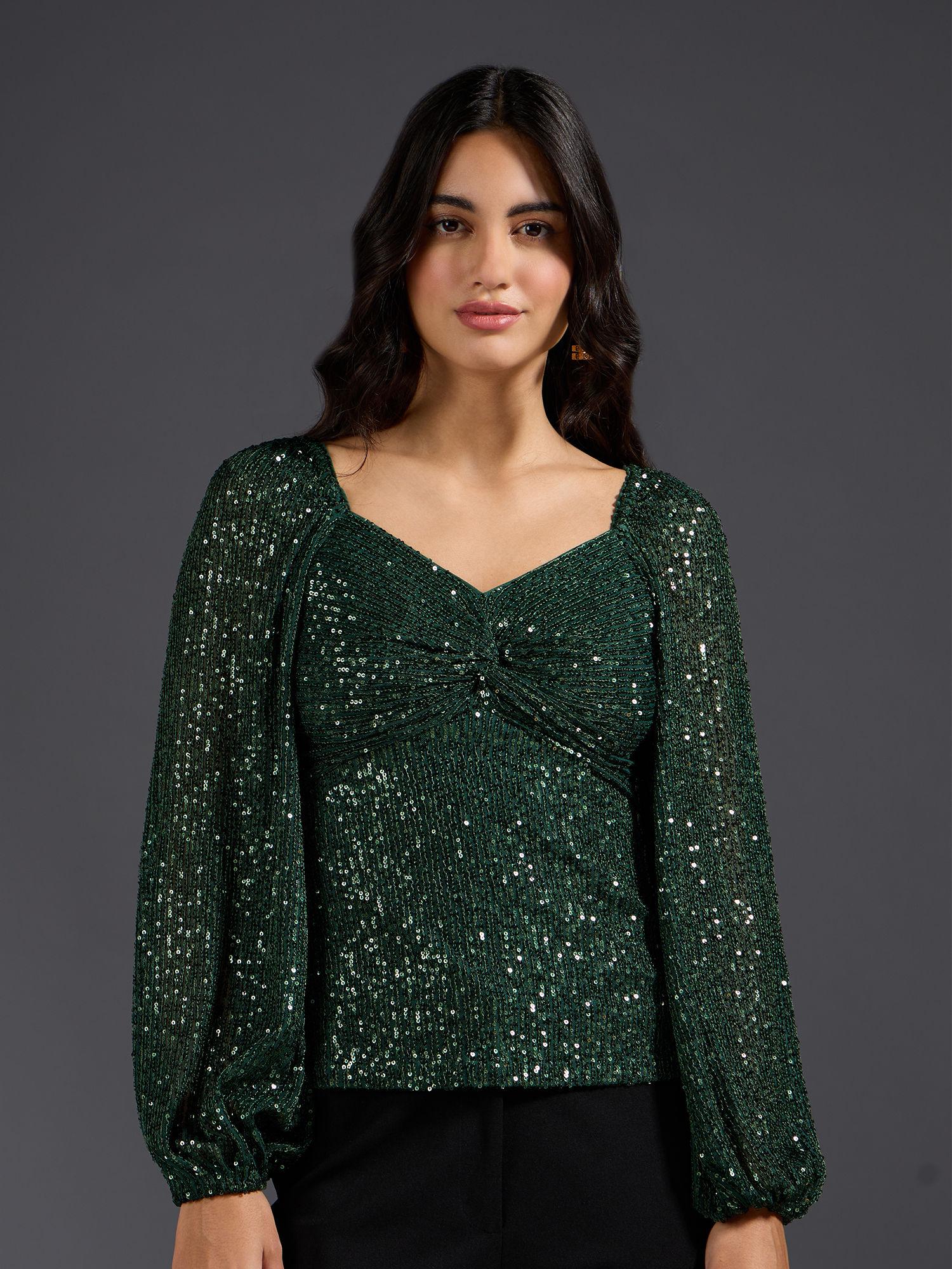 green sequin sweetheart neck puff sleeve top