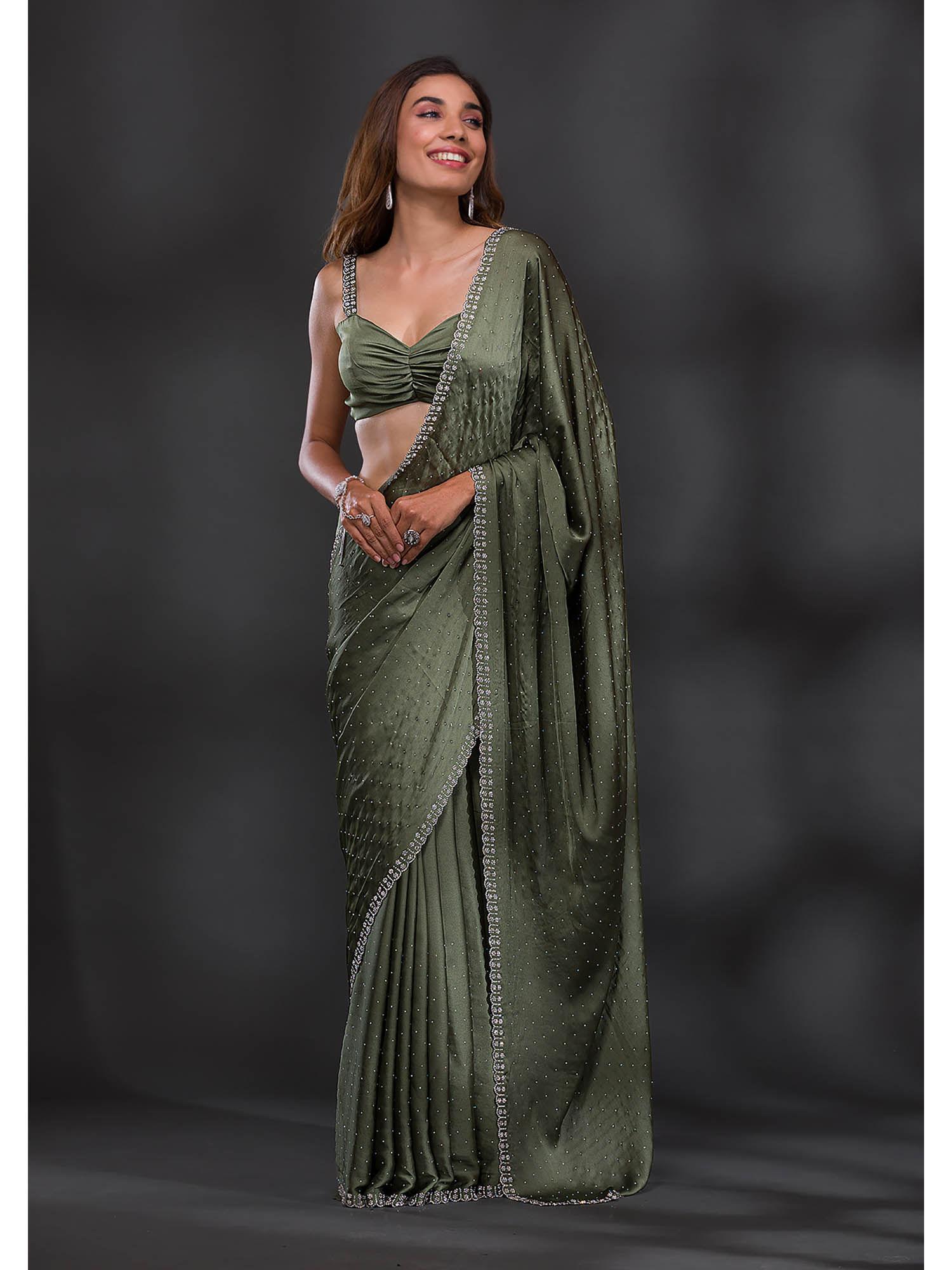 green sequined beads & stones satin saree with unstitched blouse