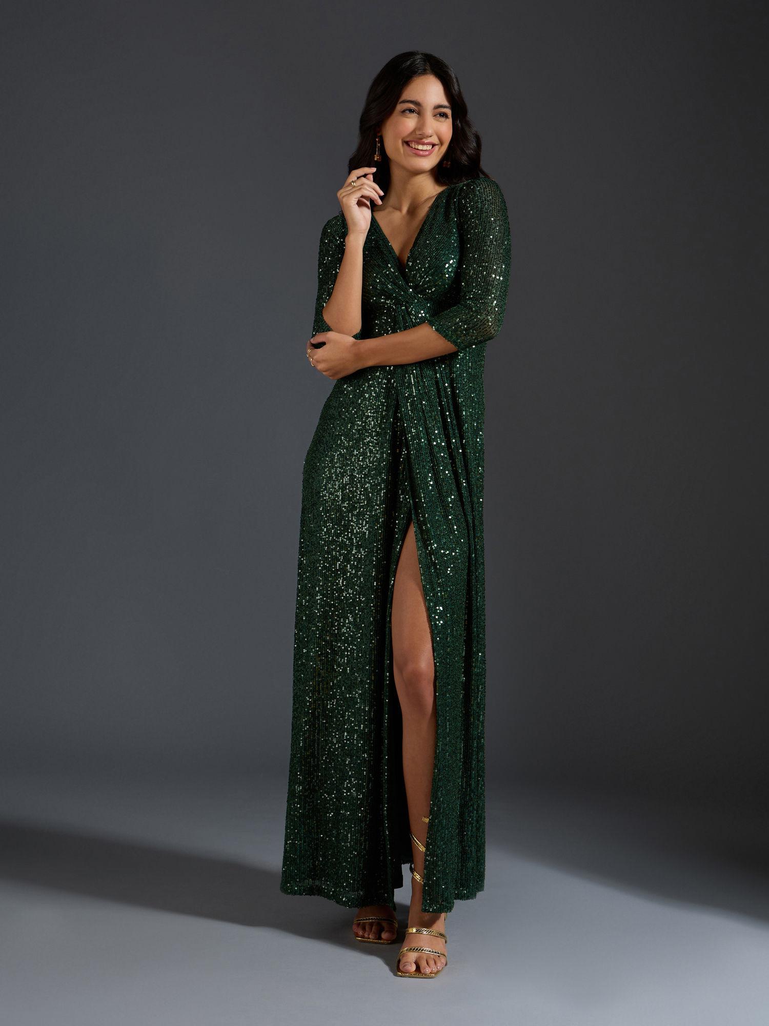 green sequinned v neck sheath maxi dress