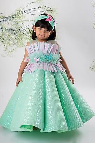 green sequins & net structured gown for girls